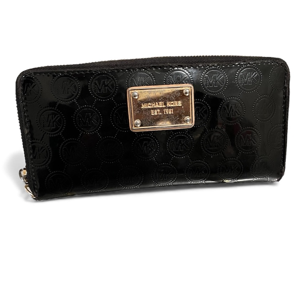 Michael Kors Shiny Black Patent Leather Logo Wallet with Gold Accents Full Zip